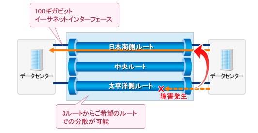 (図1)「Arcstar Universal One 100Gbpsイーサネット専用線」のルート分散イメージ