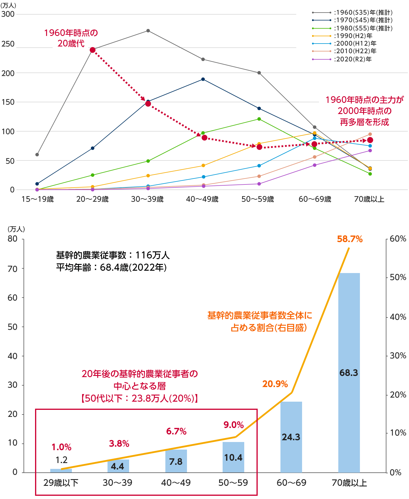 基幹的農業従事者数の推移、年齢構成