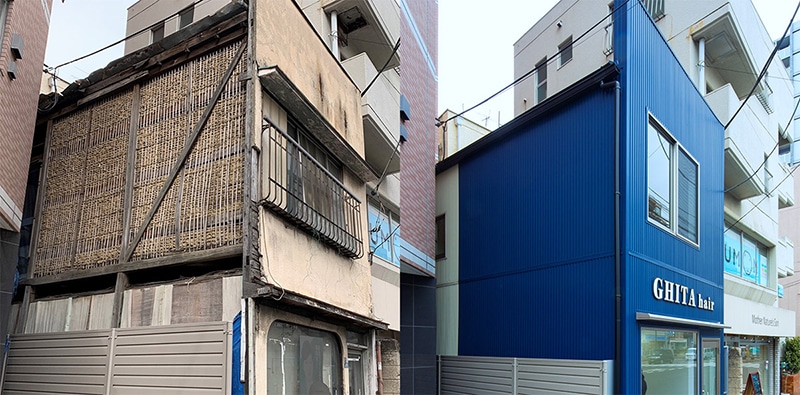 長年放置されていた品川区の空き家は外壁も剥がれていたが、青い壁が印象的な美容室に生まれ変わった