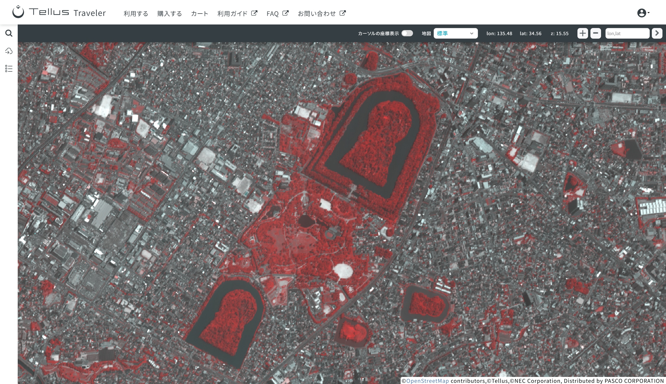 NEC開発の光学衛星「ASNARO-1」で撮影された、大阪府堺市・仁徳天皇陵古墳周辺の様子。赤く示されているのは植生が活性化している箇所。中村氏提供