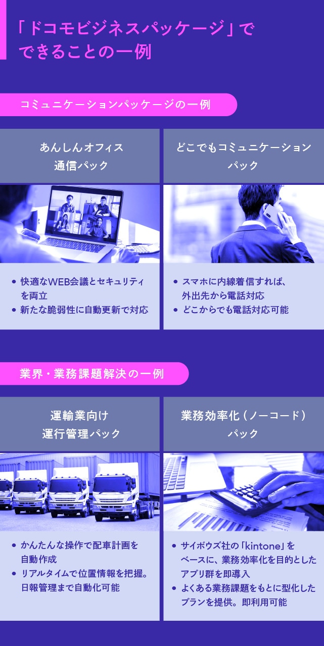 「ドコモビジネスパッケージ」でできることの一例