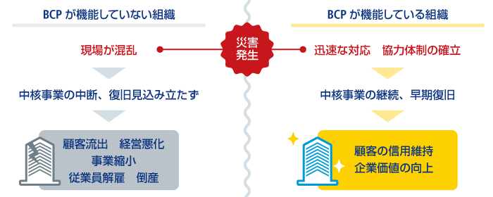 BCP対策が上手くいかない（防災対策に終始してしまった企業）と有効性を確認してBCP対策を高めた企業