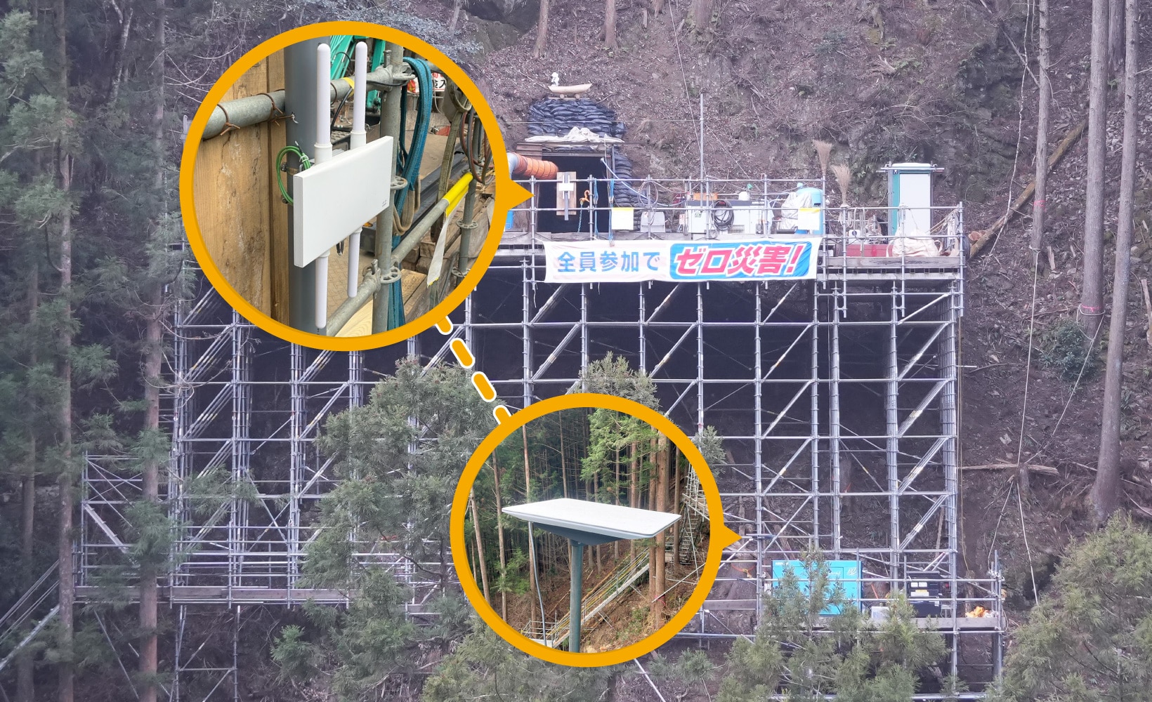 株式会社大竹組は“Starlink Business”と“ドコモ光ビジネスWi-Fi”を組み合わせることで、広範囲にWi-Fiエリアを展開。監視カメラによる現場の状況確認や、トンネル内でのタブレット利用などさまざまなICT機器に接続し業務を行なっている。