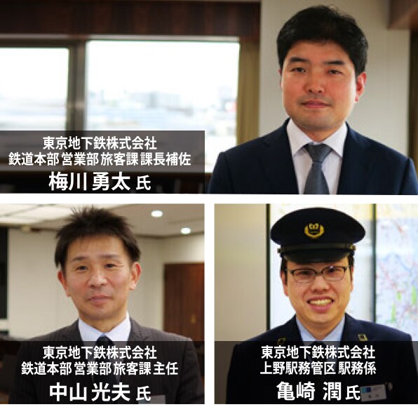 東京地下鉄株式会社 鉄道本部営業部旅客課課長補佐 梅川勇太 氏 東京地下鉄株式会社 鉄道本部営業部旅客課主任 中山光夫 氏 東京地下鉄株式会社 上野駅務管区駅務係 亀崎潤 氏