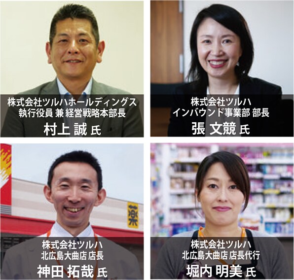 株式会社ツルハホールディングス 執行役員 兼経営戦略本部長 堀内明美氏、株式会社ツルハ インバウンド事業部部長 張文競氏、株式会社ツルハ 北広島大曲店店長 神田拓哉 氏、株式会社ツルハ 北広島大曲店店長代行 堀内明美氏