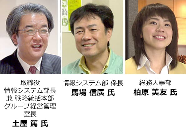 取締役 情報システム部長 兼 戦略統括本部 グループ経営管理室長 土屋 篤 氏 情報システム部 係長 馬場 信廣 氏 総務人事部 柏原 美友 氏