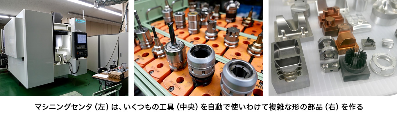 マシニングセンタ（左）は、いくつもの工具（中央）を自動で使いわけて複雑な形の部品（右）を作る