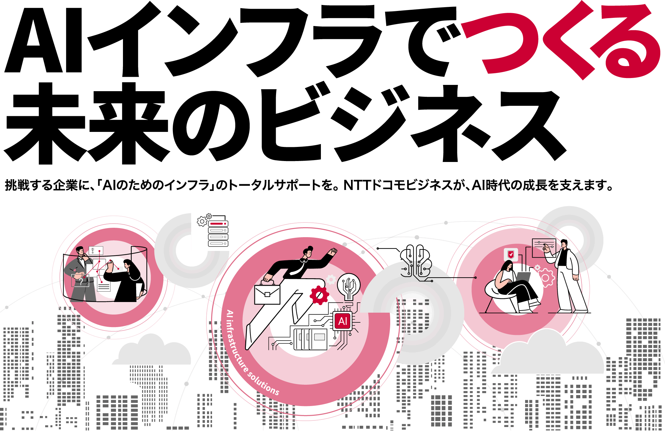 AIインフラで、未来のビジネスをつくる。挑戦する企業に、「AIのためのインフラ」のトータルサポートを。NTTドコモビジネスが、AI時代の成長を支えます。