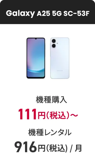 Galaxy A25 5G SC-53F 機種購入 111円（税込）〜 機種レンタル 916円（税込）/月