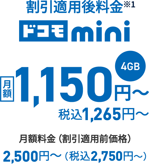 ドコモmini 4GB 月額料金（割引適用前価格） 2,500円〜（税込2,750円〜）割引適用後料金※1 月額1,150円〜 税込1,265円〜 