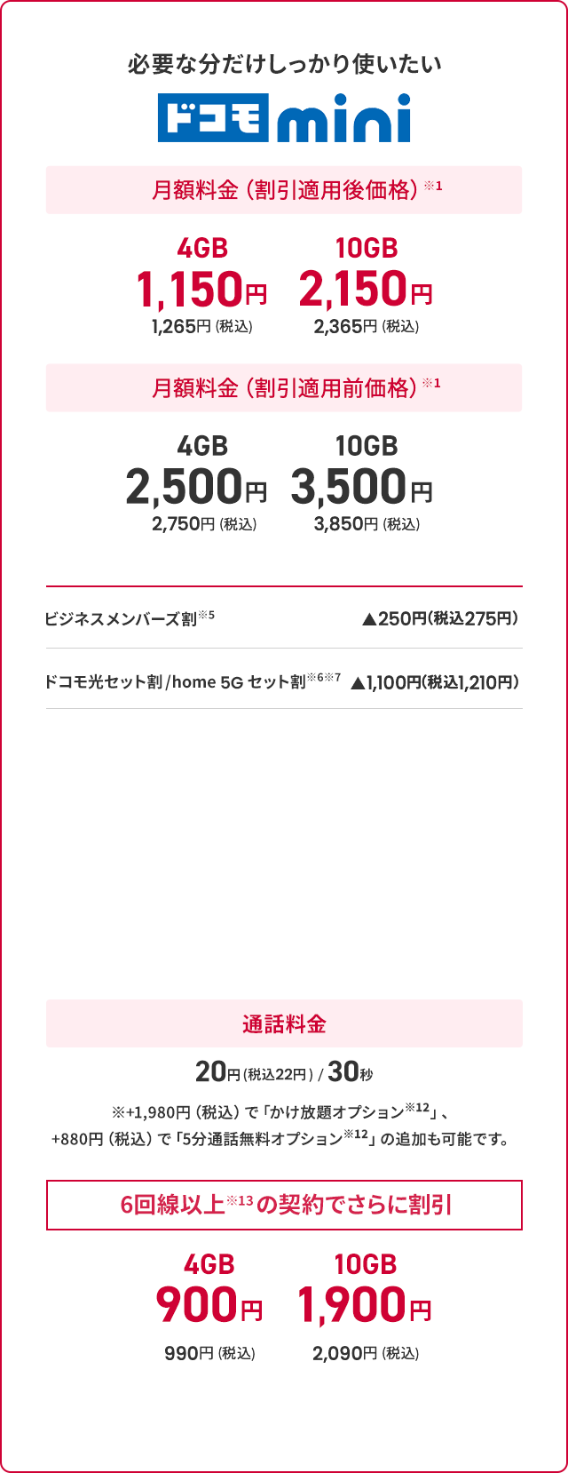 ドコモmini 料金表