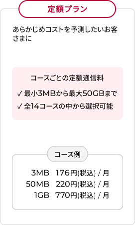 定額プランあらかじめコストを予測したいお客さまにコースごとの定額通信料コース例）3MB176円(税込)/月