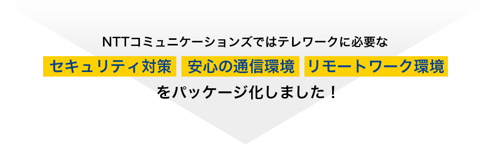 NTTコミュニケーションズではテレワークに必要な「セキュリティ対策」「安心の通信環境」「リモートワーク環境」をパッケージ化しました!