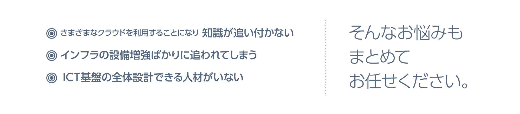 知識が追い付かない、インフラの設備増強ばかりに追われてしまう、そんなお悩みもまとめてお任せください。