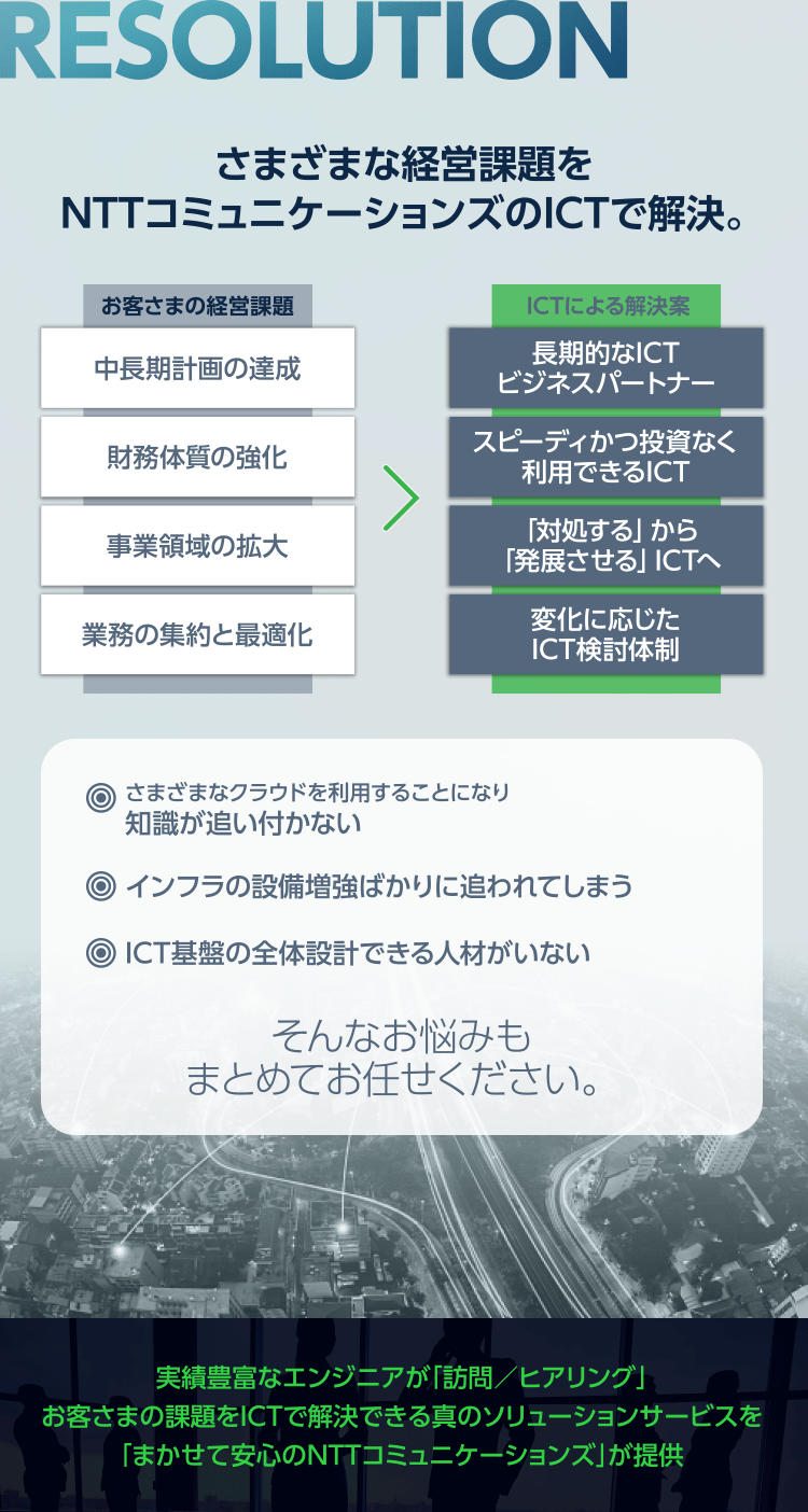 さまざまな経営課題をNTTコミュニケーションズのICTで解決。