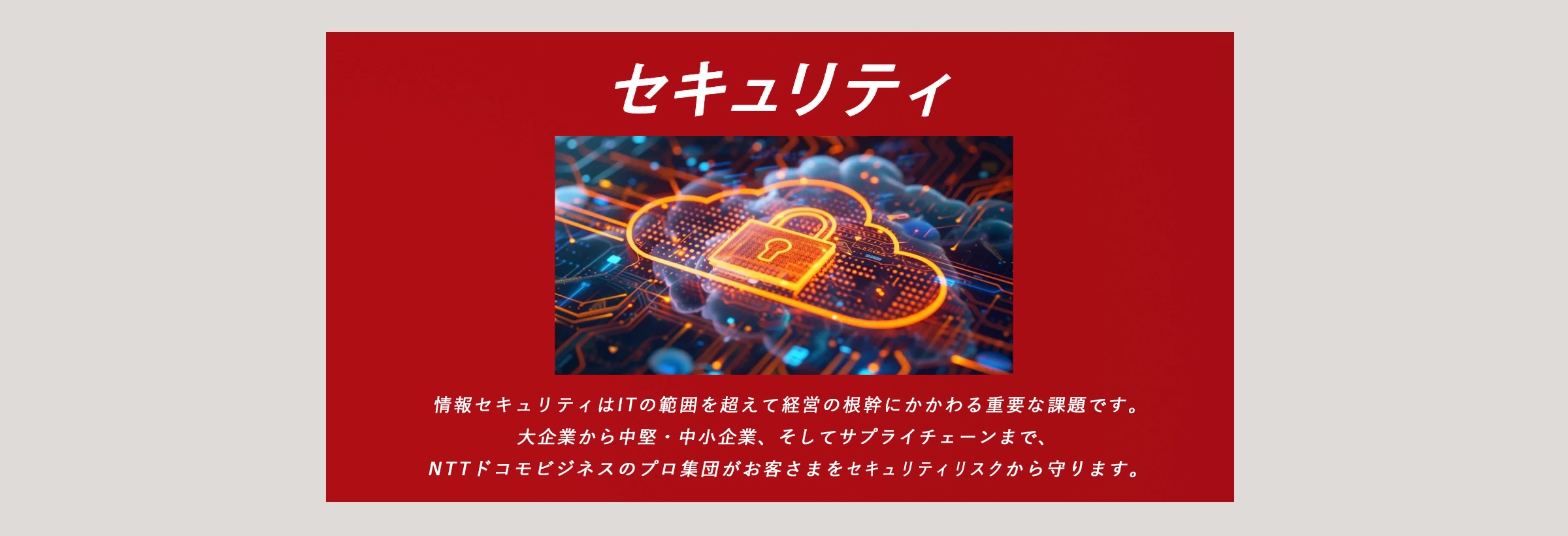 セキュリティ：情報セキュリティはITの範囲を超えて経営の根幹にかかわる重要な課題です。大企業から中堅・中小企業、そしてサプライチェーンまで、ドコモビジネスのプロ集団がお客さまをセキュリティリスクから守ります。