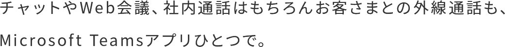 チャットやWeb会議、社内通話はもちろんお客さまとの外線通話も、Microsoft Teamsアプリひとつで。
