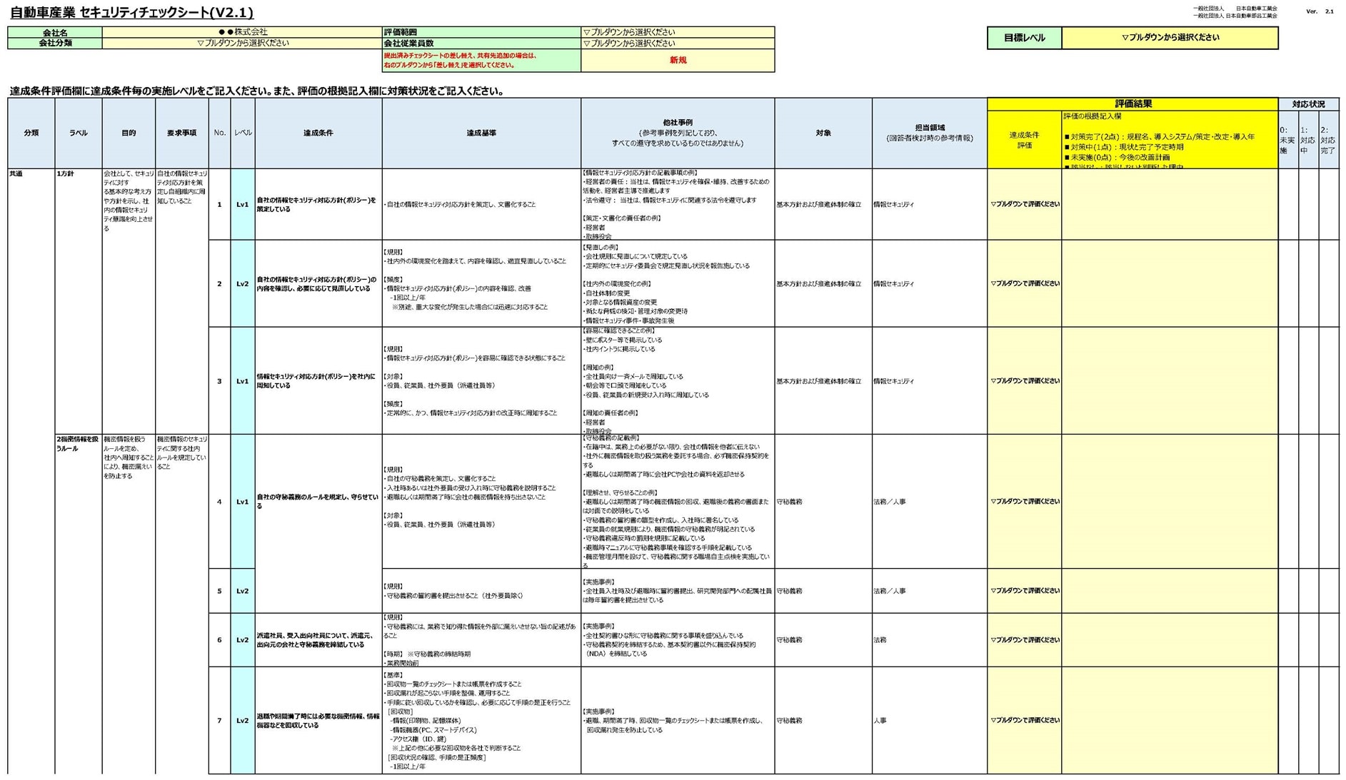 自動車産業 セキュリティチェックシート(V2.1)