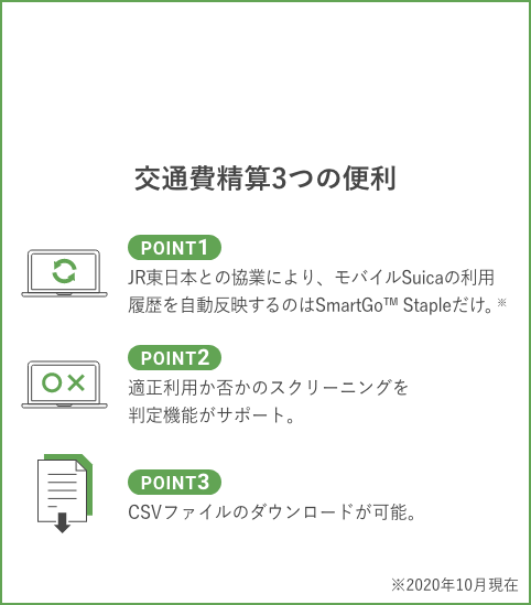 交通費精算3つの便利 POINT1.JR東日本との協業により、モバイルSuicaの利用履歴を自動反映するのはSmartGo™ Stapleだけ。(2020年10月現在)POINT2.適正利用か否かのスクリーニングを判定機能がサポート。POINT3.CSVファイルのダウンロードが可能。