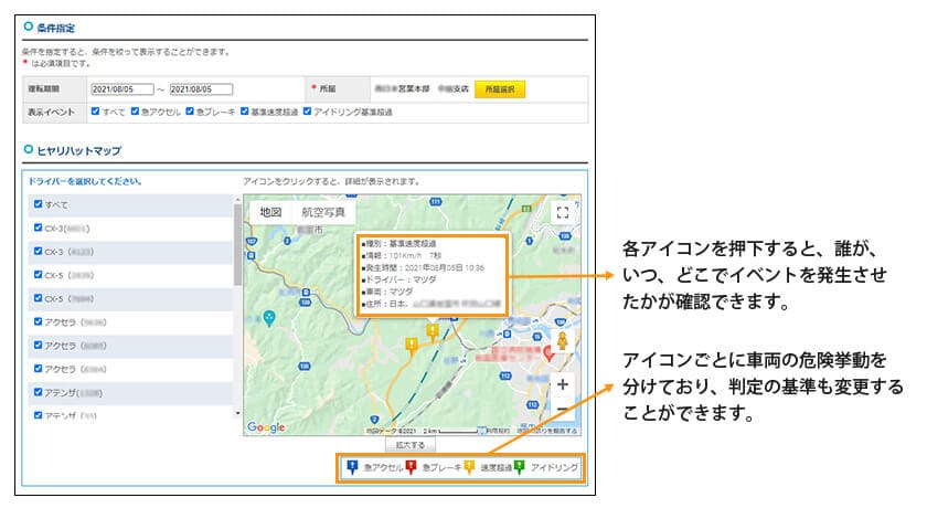 ヒヤリハットマップ　各アイコンを押下すると、誰が、いつ、どこでイベントを発生させたかが確認できます。アイコンごとに車両の危険挙動を分けており、判定の基準も変更することができます。