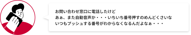 お問い合わせ窓口に電話したけどあぁ、また自動音声か・・・いちいち番号押すのめんどくさいな いつもプッシュする番号がわからなくなるんだよなぁ・・・