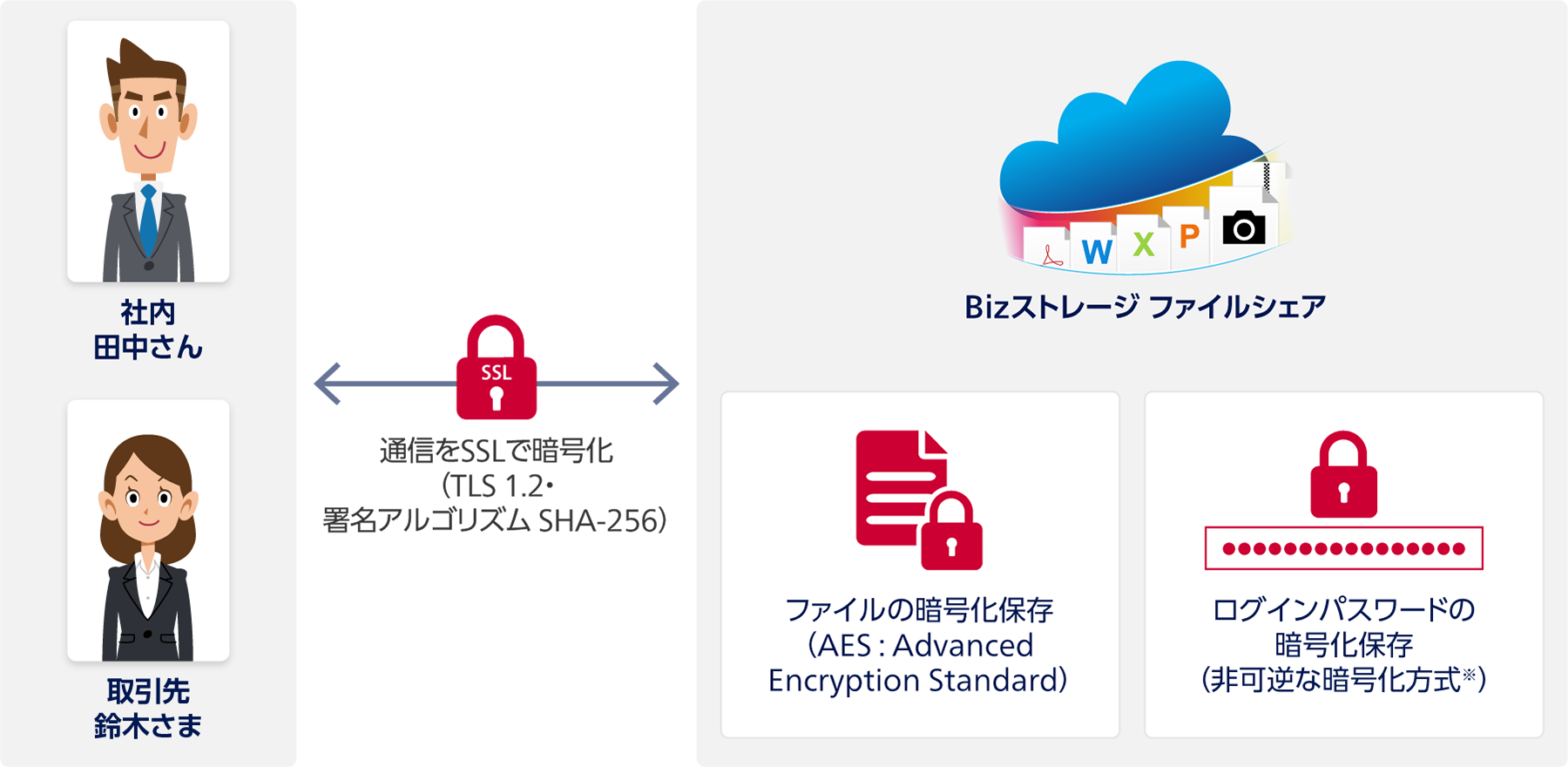 社内 田中さん・取引先 鈴木さまとBizストレージ ファイルシェアの間：通信をSSLで暗号化（TLS 1.2・署名アルゴリズム SHA-256）。Bizストレージ ファイルシェア：ファイルの暗号化保存（AES : Advanced Encryption Standard）、ログインパスワードの暗号化保存（非可逆な暗号化方式※）。
