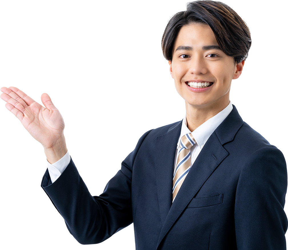 微笑みながら「セットアップや初期設定」「操作のご不明点」を手で案内しているスーツを着た若い男性の写真