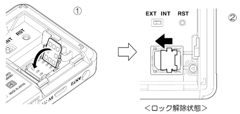 3) カードスロットを矢印方向に倒し（①の図）、上面の金具を軽く押しながら矢印方向にカチッと音がするまでスライドさせ（②の図）、ロックします。　最後にSIMカバーを元どおり取り付けます。