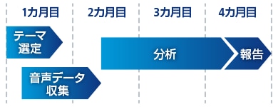 1カ月目：テーマ選定、音声データ収集　2カ月目～3カ月目：分析　4カ月目：報告