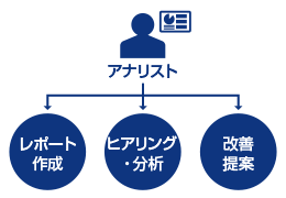 アナリスト：レポート作成、ヒアリング・分析、改善提案