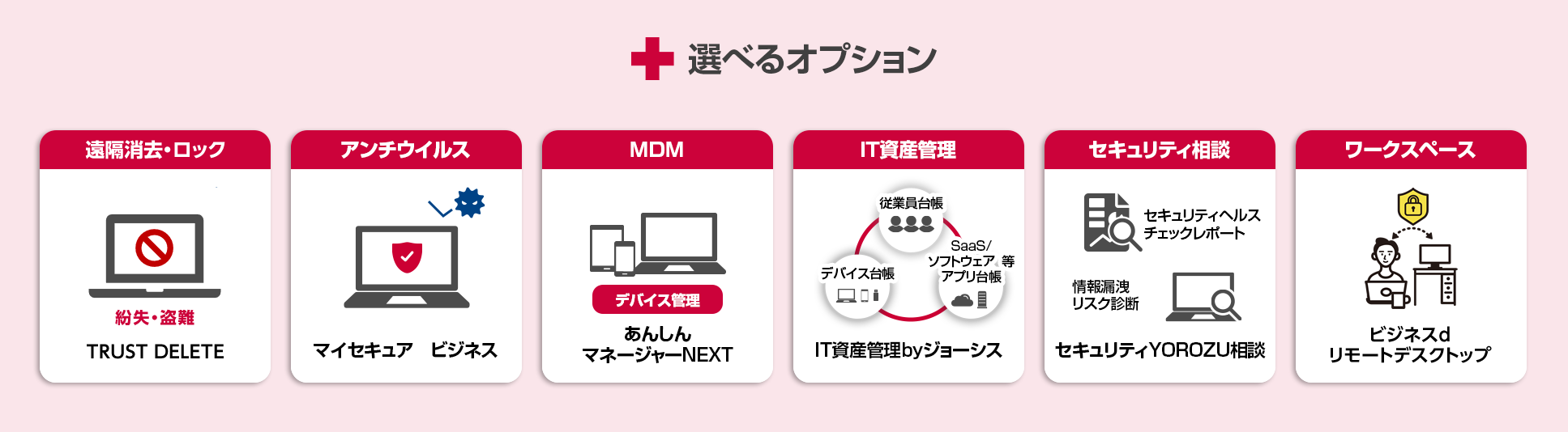 選べるオプション　TRUST DELETE　アンチウイルス：マイセキュア ビジネス　MDM：デバイス管理 あんしんマネージャーNEXT　IT資産管理：IT資産管理byジョーシス　セキュリティ相談：セキュリティYOROZU相談　ワークスペース：ビジネスdリモートデスクトップ