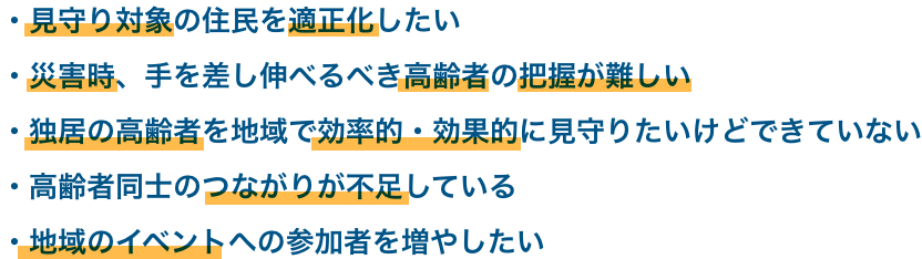 見守り対象の住民を適正化したい 災害時、手を差し伸べるべき高齢者の把握が難しい 独居の高齢者を地域で効率的・効果的に見守りたいけどできていない 高齢者同士のつながりが不足している 地域のイベントへの参加者を増やしたい