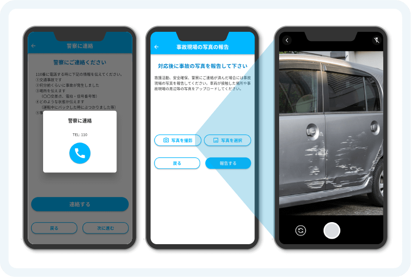 事故発生時に必要な対応をアプリが誘導します。 イメージ画像