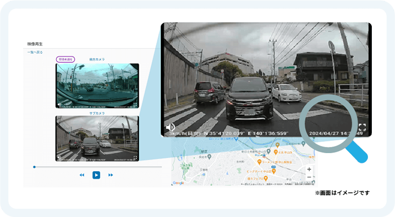 あおり運転に遭遇した際でも、電話をすることなくボタン1つで、現場の映像を管理者に通知することができます。 イメージ画像