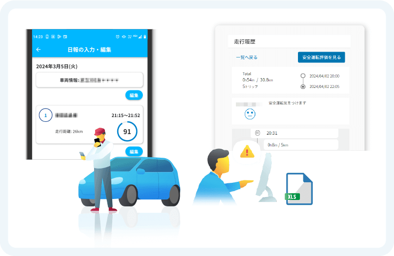 ドライバーがアプリ上で入力した日報情報を管理画面や日報上でカンタンに確認できます。 イメージ画像