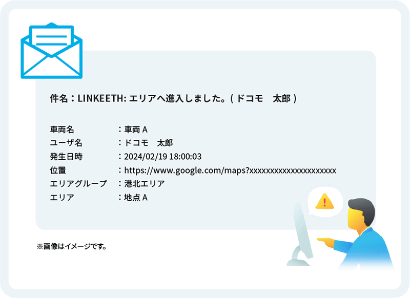 登録エリアに車両が進入・退出したタイミングで、管理者へメール通知します。 イメージ画像