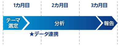 1カ月目:テーマ選定、★データ連携 2カ月目:分析 3カ月目:@報告