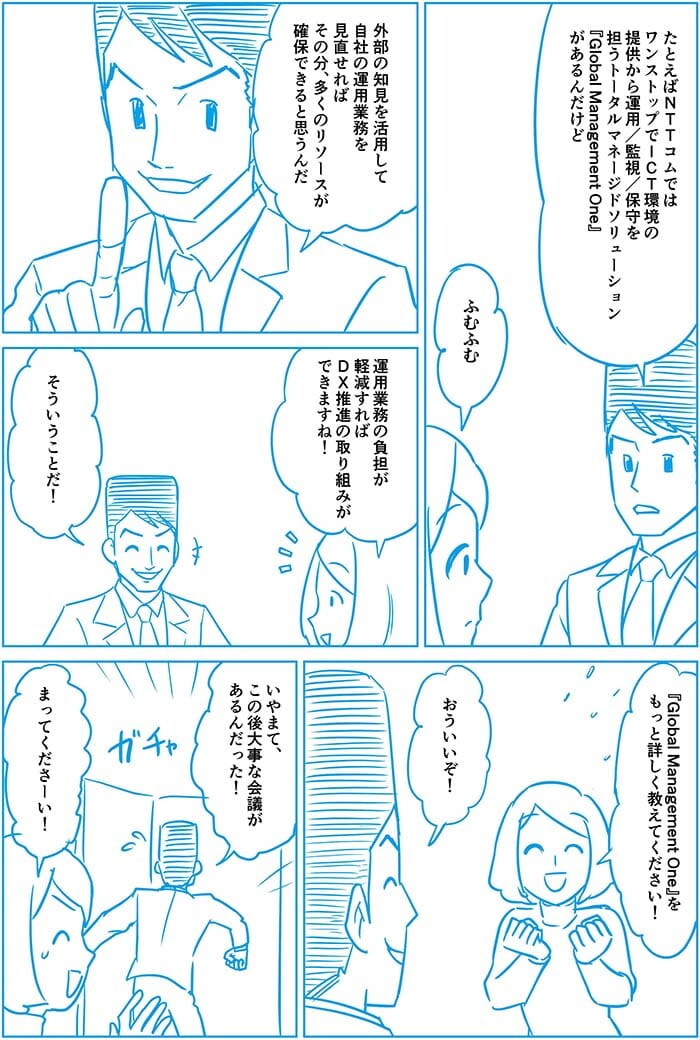 たとえばNTT ComではワンストップでICT環境の提供から運用・監視・保守を担うトータルマネージドソリューション「Global Management One」があるんだけど。ふむふむ。外部の知見を活用して自社の運用業務を見直せればその分、多くのリソースが確保できると思うんだ。運用業務の負担が軽減すればDX推進の取り組みができますね!そういうことだ!Global Management Oneをもっと詳しく教えてください!おういいぞ!いやまてこの後大事な会議があるんだった!まってくださーい!