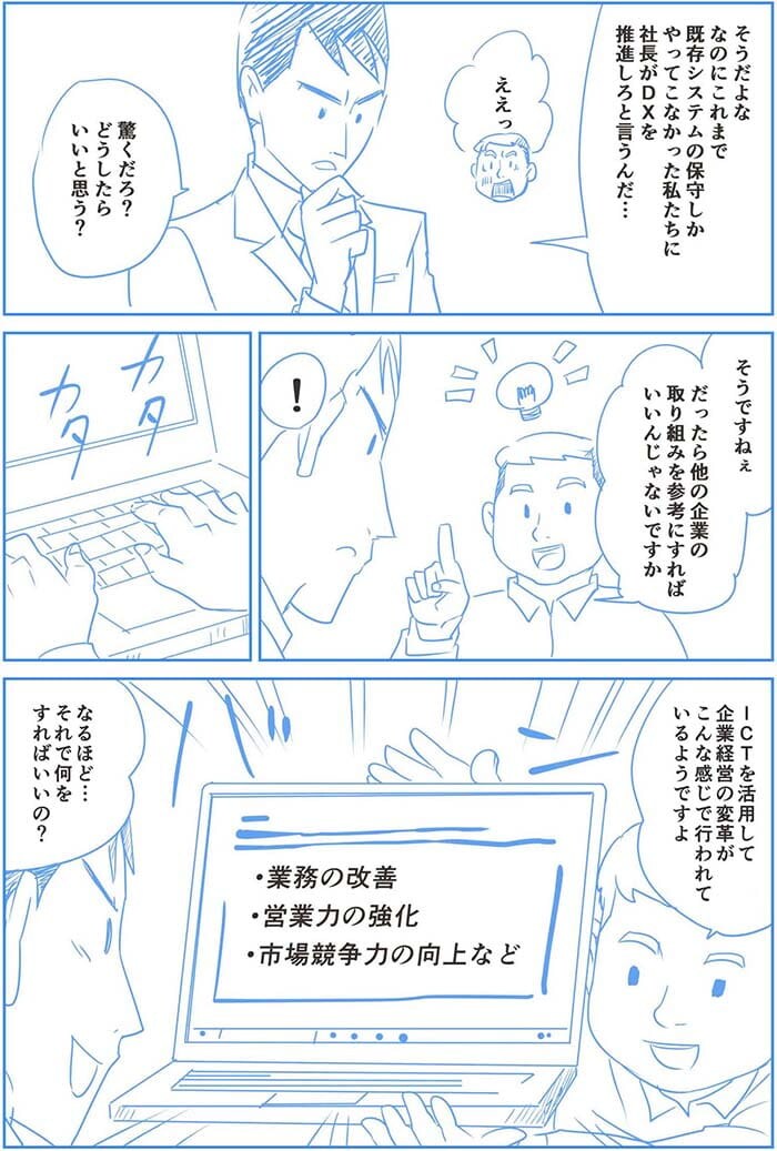 そうだよな なのにこれまで既存システムの保守しかやってこなかった私たちに社長がDXを推進しろと言うんだ…ええぇ。驚くだろ?どうしたらいいと思う?そうですねぇだったらほかの企業の取り組みを参考にすればいいじゃないですか ICTを活用して企業経営の変革がこんな感じで行われているようですよ 業務の改善、営業力の強化、市場競争力の向上など。なるほど…それで何をすればいいの?
