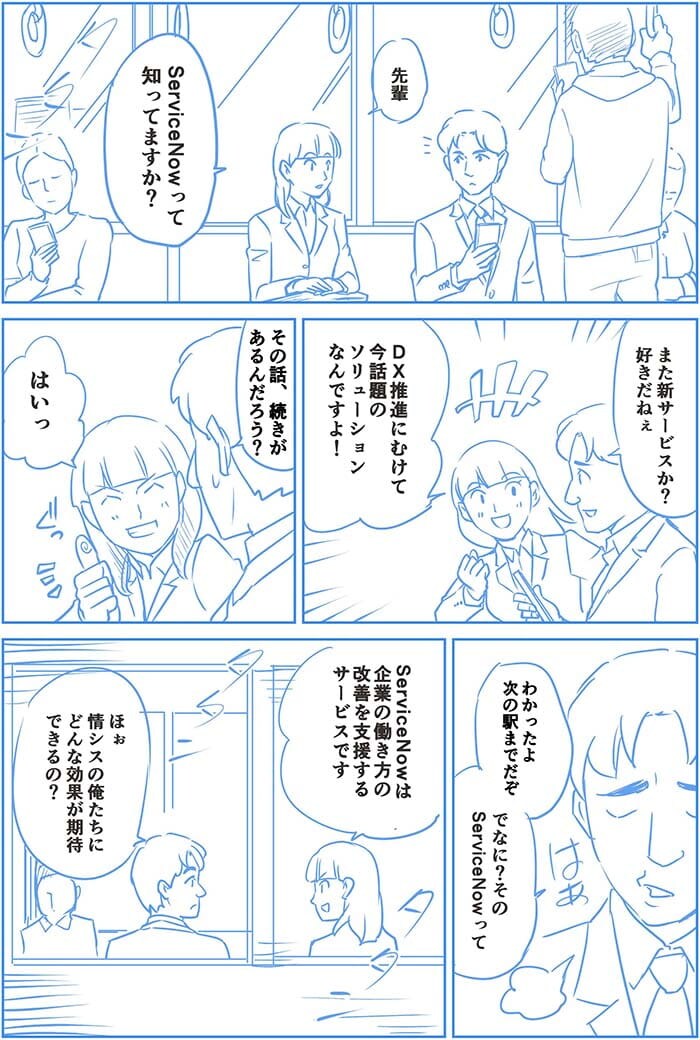 先輩Service Nowって知ってますか?また新サービスか?好きだねぇ DX推進にむけてソリューションなんですよ!その話、続きがあるんだろ?はい!わかったよ 次の駅までだぞ でなに?そのService Nowって。Service Nowは企業の働き方の改善を支援するサービスです。ほぉ情シスの俺たちにどんな効果が期待できるの?