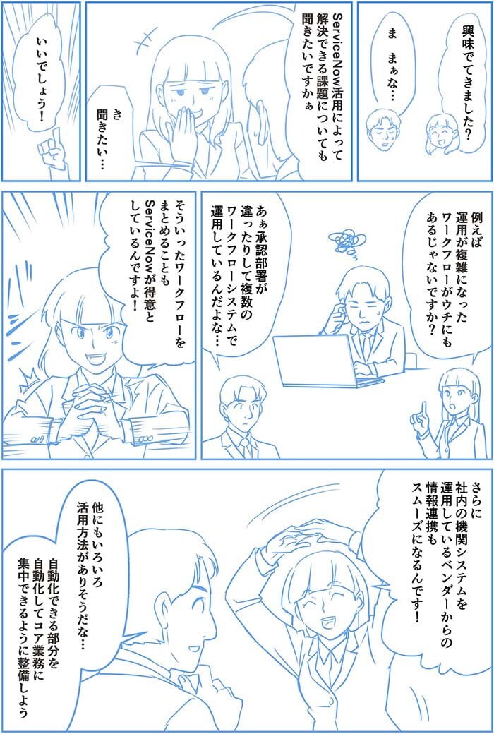 興味出てきました?ま まぁな…Service Now活用によって解決できる課題についても聞きたいですかぁ き 聞きたい…いいでしょう!例えば運用が複雑になったワークフローがウチにもあるじゃないですか?あぁ承認部署が違ったりして複数のワークフローシステムで運用しているんだよな…そういったワークフローをまとめてることもService Nowが得意としているんですよ!さらに社内の機関システムを運用しているベンダーからの情報連携もスムーズになるんです!ほかにもいろいろ活用方法がありそうだな…自動化できる部分を自動化してコア業務に集中できるように整備しよう
