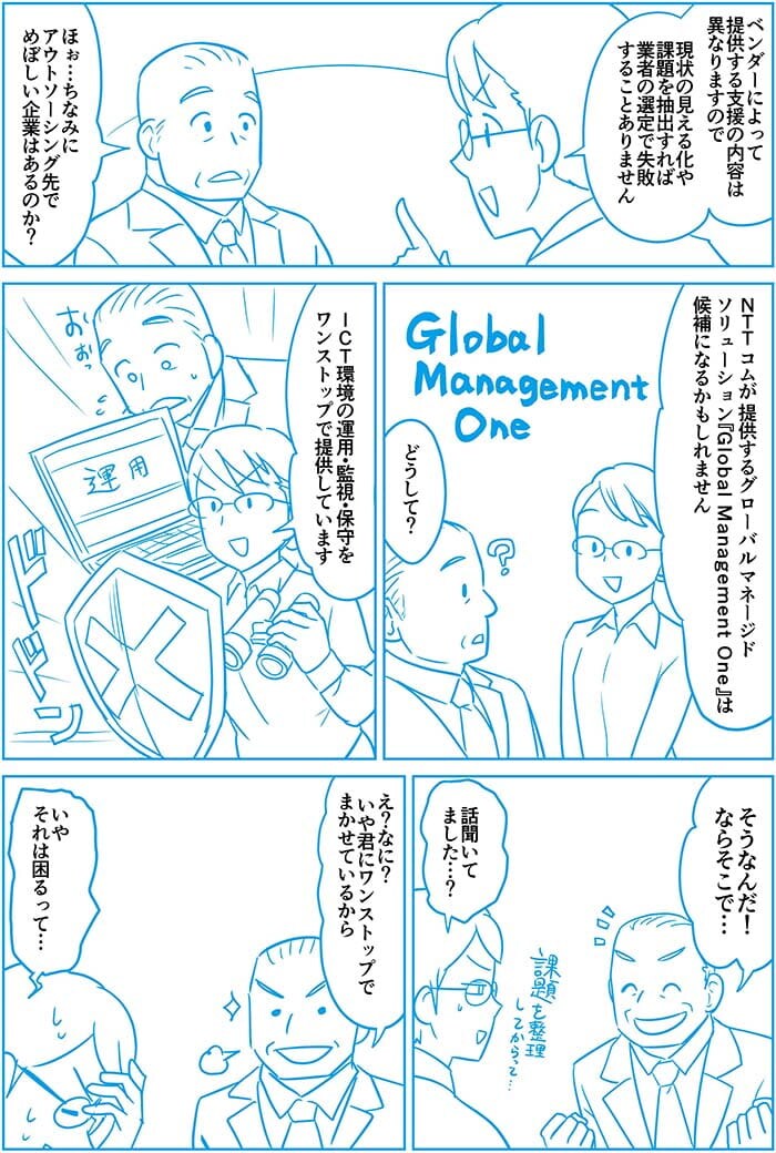 ベンダーによって提供する支援の内容は異なりますので現状の見える化や議題を抽出すれば業者の選定で失敗することありません。ほお…ちなみにアウトソーシング先でめぼしい企業はあるのか?NTT Comが提供するグローバルマネージドソリューションGlobal Management Oneは候補になるかもしれません。どうして?ICT環境の運用・監視・保守をワンストップで提供しています そうなんだ!ならそこで…話聞いてました…?え?なに?いや君にワンストップでまかせているから。いや それは困るって…