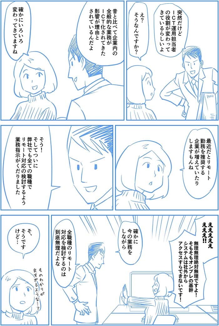 突然だけどICT運用担当者の役割が変わってきているらしいよ。え?そうなんですか?昔と比べて企業内の全般的な業務がICT化されてきた影響が理由とされているんだよ。確かにいろいろ変わってきますね。最近だとリモート勤務を推奨する企業が増えていたりしますもんね。そう!そしてついに弊社でもすべての職種でリモート対応の検討するよう業務指示がくだりました。えええええええ!!無理無理絶対無理ですよ!そもそもオンプレの基幹システムは社外からアクセスすらできないです!確かに今の業務をしながら全職種のリモート対応を検討するのは到底無理だよな。そ、そうですけど…