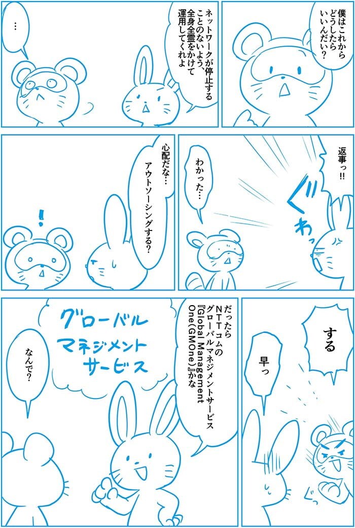 僕はこれからどうしたらいいんだい?ネットワークが停止することのないように全身全霊をかけて運用してくれよ。返事っ!わかった…心配だな…アウトソーシングする?する。早っ。だったらNTT ComのグローバルマネジメントサービスGlobal Management Oneかな。なんで?
