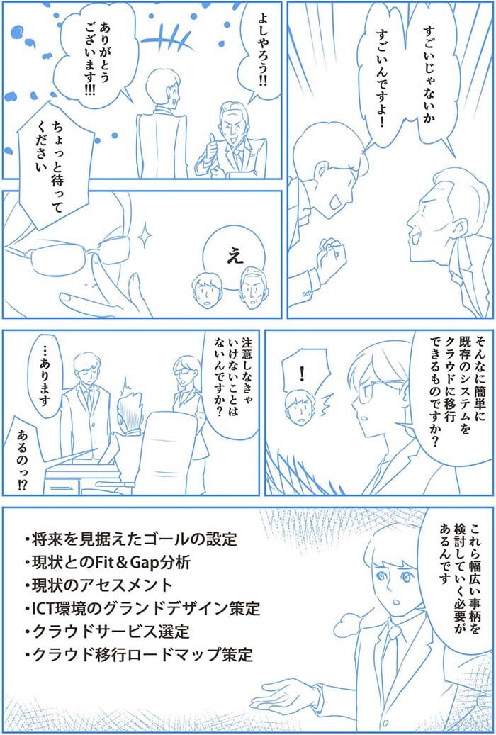 すごいじゃないか。すごいんです!よしやろう!!ありがとうございます!ちょっと待ってください。え。そんなに簡単に既存のシステムをクラウドに移行できるものですか?注意しなきゃいけないことはないんですか?…あります。あるのっ!?これら幅広い事柄を検討していく必要があるんです