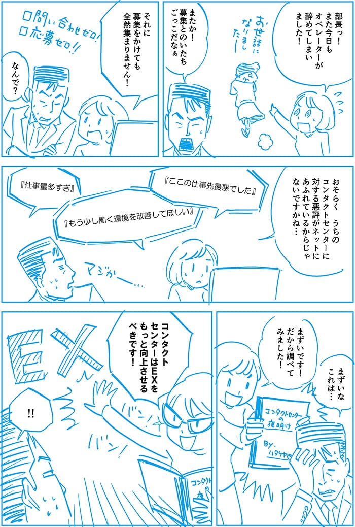 部長!また今日もオペレーターが辞めてしまいました!またか!募集とのいたちごっこだなぁ。それに募集をかけても全然集まりません!なんで?おそらくうちのコンタクトセンターに対する悪評がネットにあふれているからじゃないでうかね…まずいなこれは…まずいです!あから調べてみました!コンタクトセンターはEXをもっと向上させるべきです!