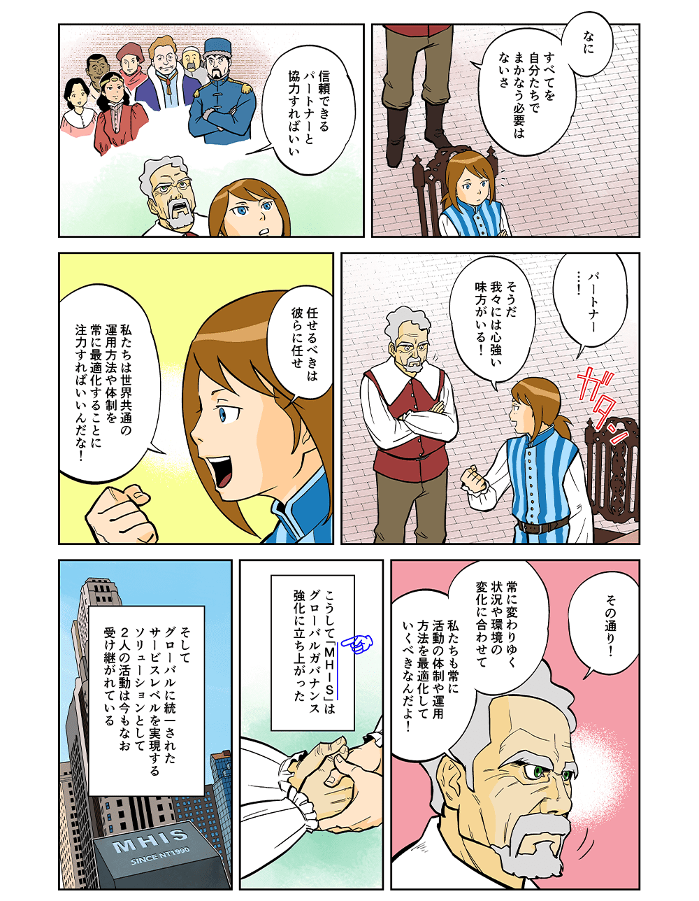 「なに、すべてを自分たちでまかなう必要はないさ。信頼できるパートナーと協力すればいい」「パートナー・・・！そうだ、我々には心強い見方がいる！任せるべきは彼らに任せ、私たちは世界共通の運用方法や体制を常に最適化することに注力すればいいんだな！」「その通り！常に変わりゆく状況や環境の変化に合わせて、私たちも常に活動の体制や運用方法を最適化していくべきなんだよ！」こうして「MHIS」はグローバルガバナンス強化に立ち上がった。そして、グローバルに統一されたサービスレベルを実現するソリューションとして2人の活動は今もなお受け継がれている。
