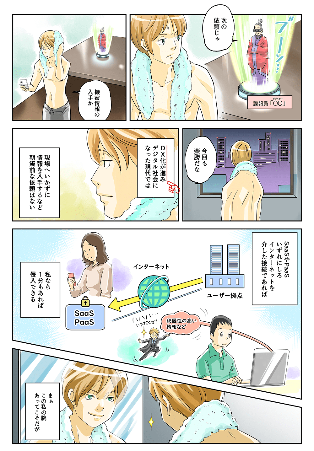 諜報員OO（ダブルオー）「次の依頼じゃ」「機密情報の入手か。今回も楽勝だな」DX化が進みデジタル社会になった現代では、現場へいかずに情報を入手するなど朝飯前な依頼はない。SaaSやPaaSいずれにしろインターネットを介した接続であれば、私なら1分もあれば侵入できる。まぁこの私の腕あってこそだが。