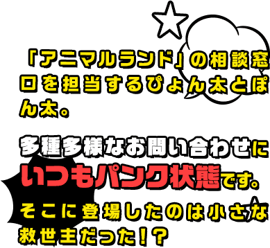 「アニマルランド」の相談窓口を担当するぴょん太とぽん太。多種多様なお問い合わせにいつもパンク状態です。そこに登場したのは小さな救世主だった！？