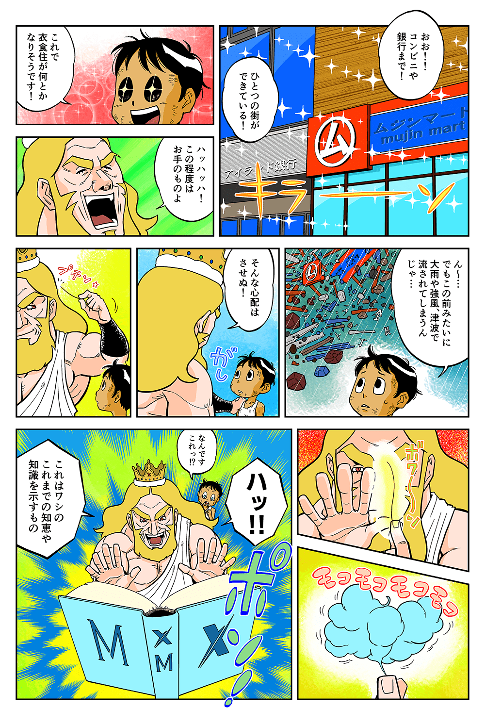 「おお！！コンビニや銀行まで！ひとつの街ができている！これで衣食住がなんとかなりそうです！」「ハッハッハ！この程度はお手のものよ」「ん～・・・でもこの前みたいに大雨や強風、津波で流されてしまうんじゃ・・・」「そんな心配はさせぬ！ハッ！！」「なんですこれっ！？」「これはワシのこれまでの知恵や知識を示すもの」